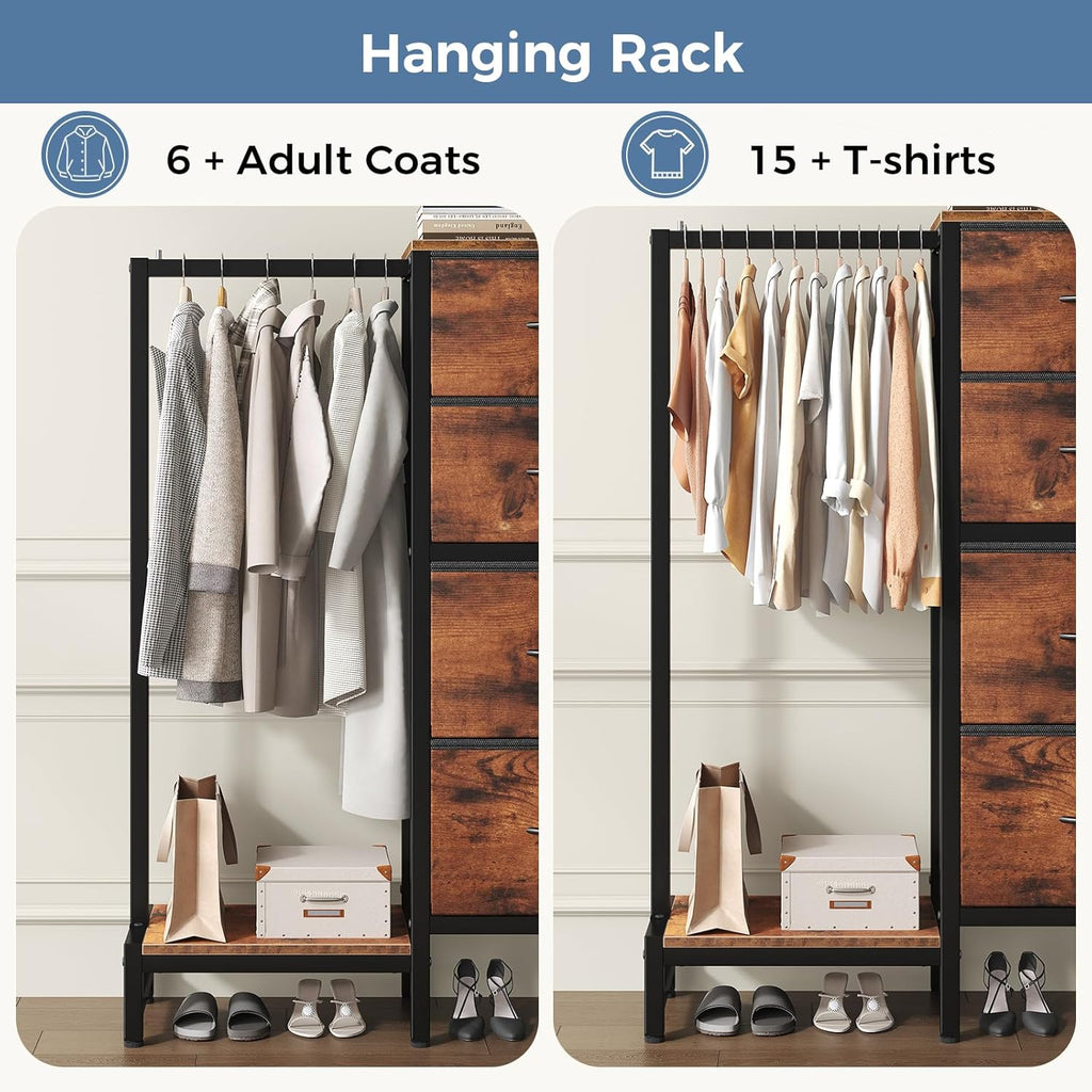 Dresser with Hanging Rack, 4-in-1 Fabric Dresser for Bedroom, Closet Organizer with Clothes Rack, Shoe Rack & Hooks, Tall Storage Tower for Small Spaces, Apartment, Dorm, Rustic Brown