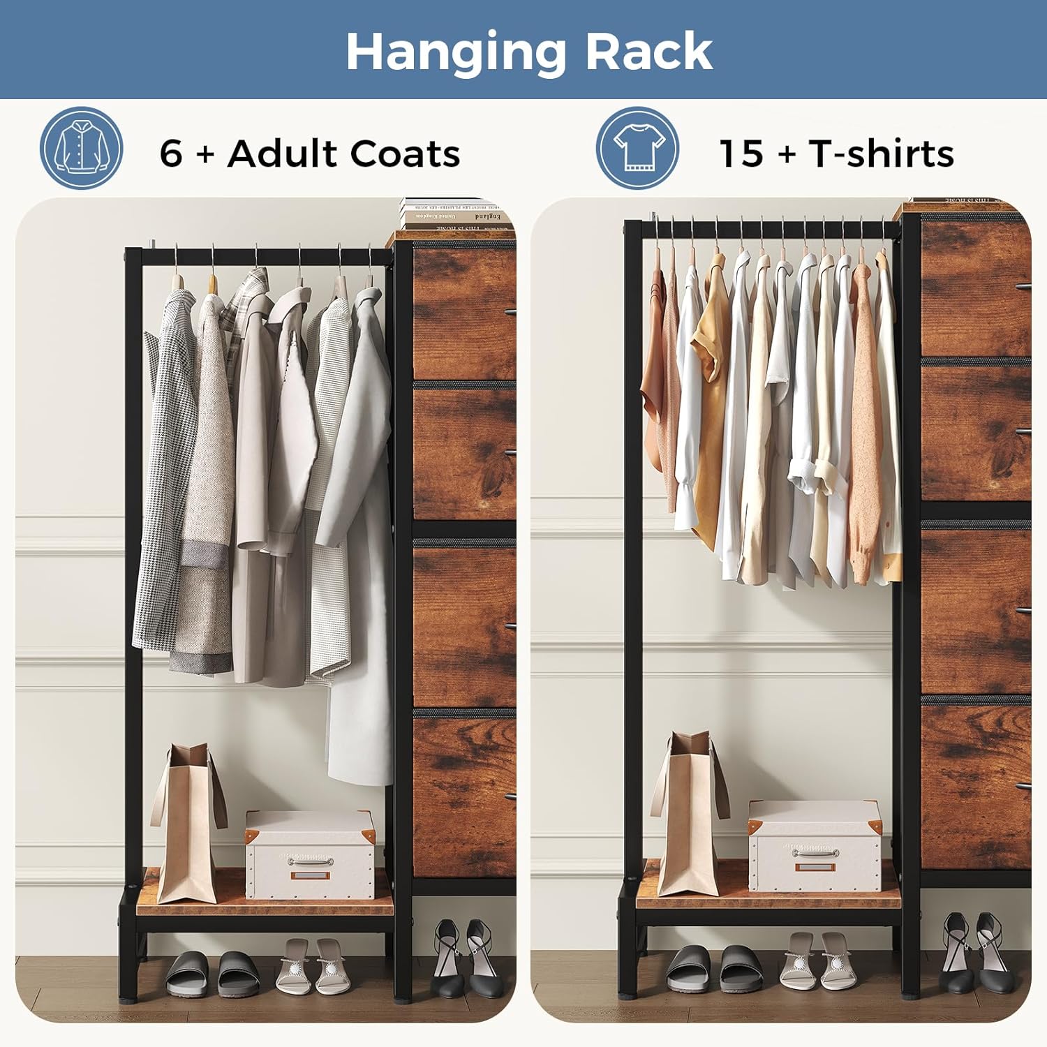 Dresser with Hanging Rack, 4-in-1 Fabric Dresser for Bedroom, Closet Organizer with Clothes Rack, Shoe Rack & Hooks, Tall Storage Tower for Small Spaces, Apartment, Dorm, Rustic Brown