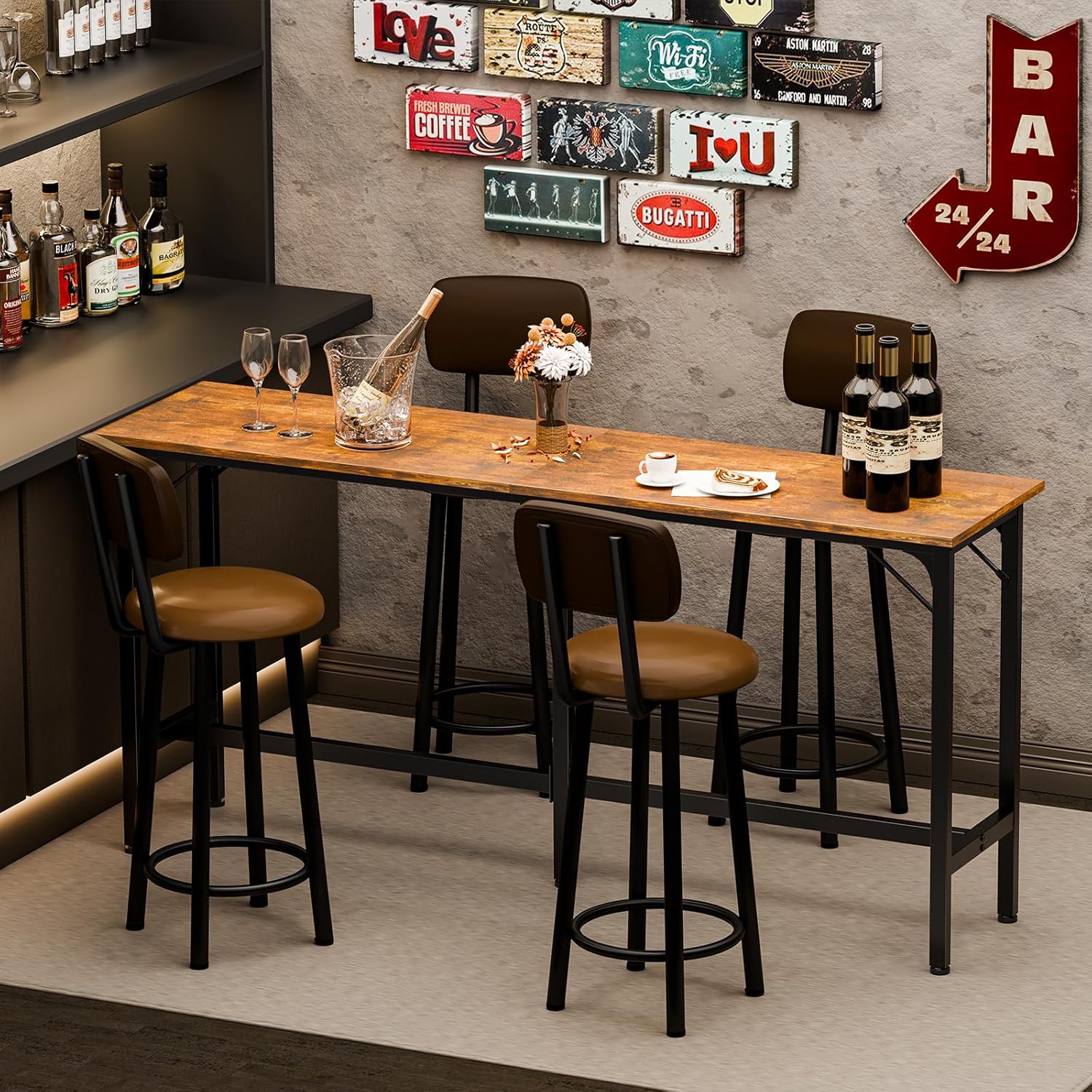 71 inch Bar Table, Counter Bar Height Pub Table, Rectangular High Top Coffee Table, Narrow Long Kitchen & Dining Tables with Triangular Reinforced Structures and Centre Column Support, Rust