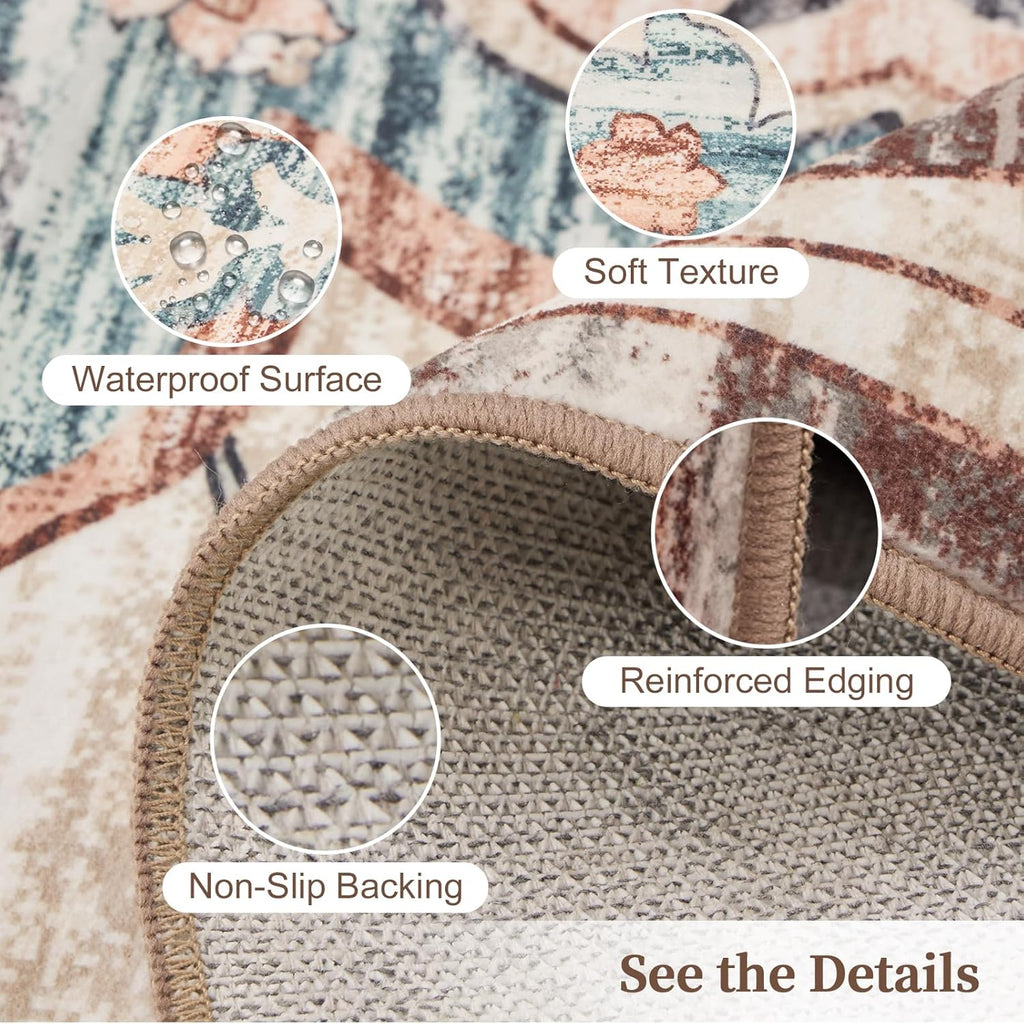 8x10 FT Large Area Rug for Living Room, Machine Washable Low-Pile Rug with Non-Slip Backing, Durable Edge Binding for Bedroom, Dining Room, Vintage Brown