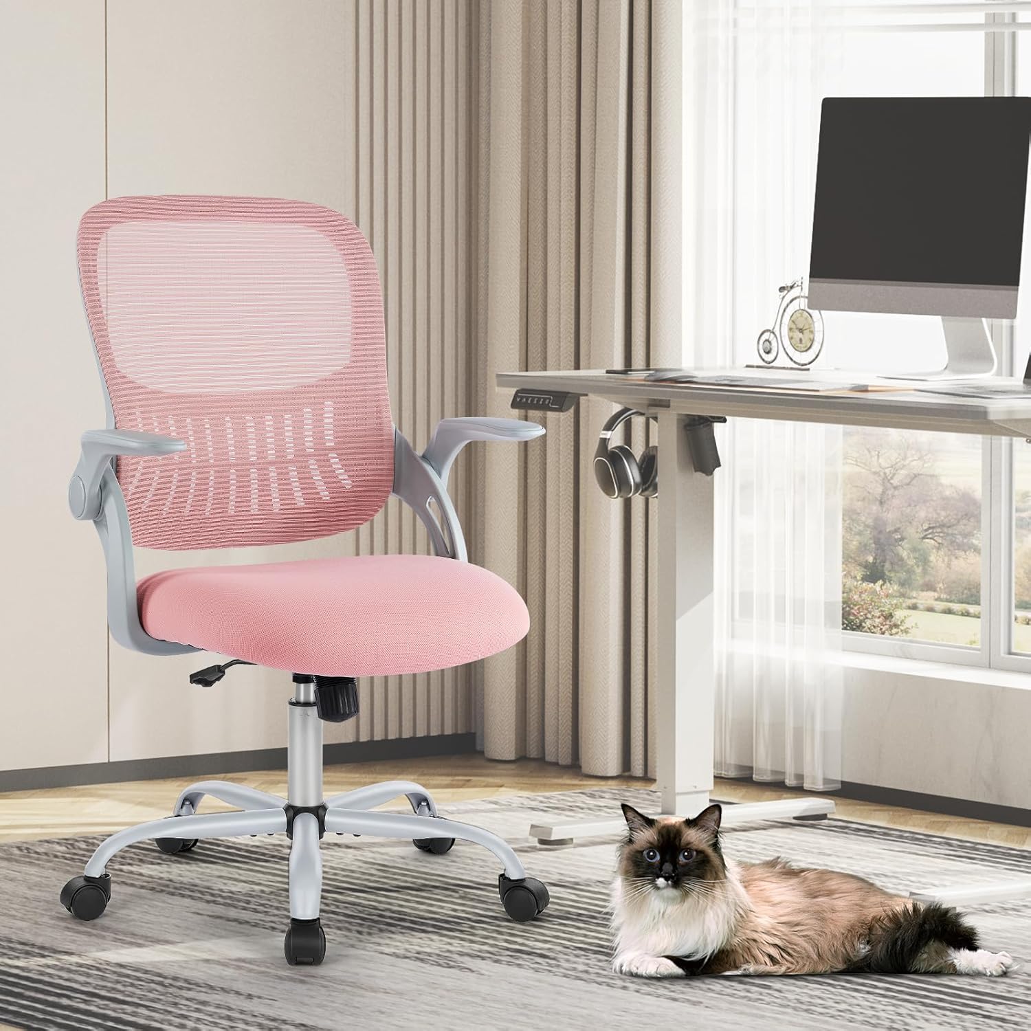 Home Office Managerial Executive Chair, Ergonomic Mesh Adjustable Swivel Mid-Back Chair with, Flip-up Arms, Comfortable Lumbar Support, Comfy Arms for Bedroom,Study,Student