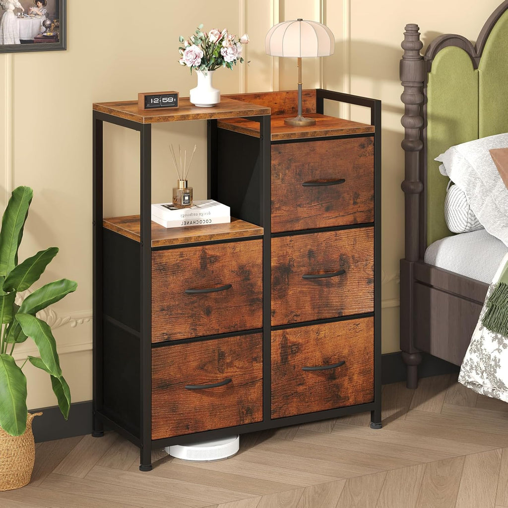 5 Drawer Fabric Dresser with Side Cabinet & Open Shelf, Storage Organizer Tower with Raised Top, Chest of Drawers for Bedroom, Closet, Hallway, Entryway & Living Room, Rustic Brown