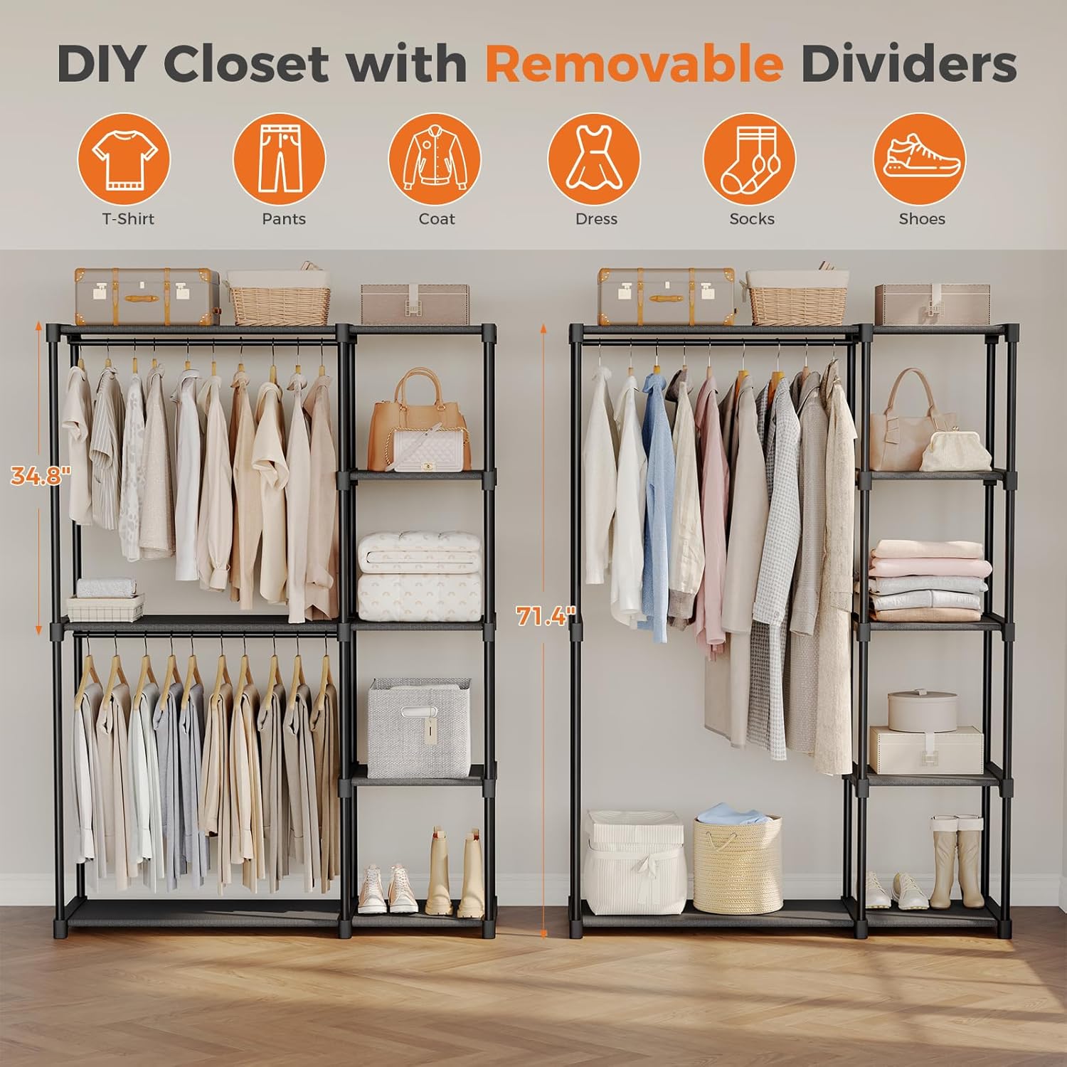 Portable Wardrobe Closet with Hanging Rods, 49 Inch Portable Clothing Rack with Shelves, Heavy Duty Clothes Rack, Freestanding Closet Organizer, 49 L x 15.7 W x 71.65 H