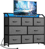 TV Stand Dresser with 8 Fabric Drawers and Open Shelves, LED Entertainment Center with Charging Station, Wood Top Media Console for 45-55 inch, Bedroom, Grey