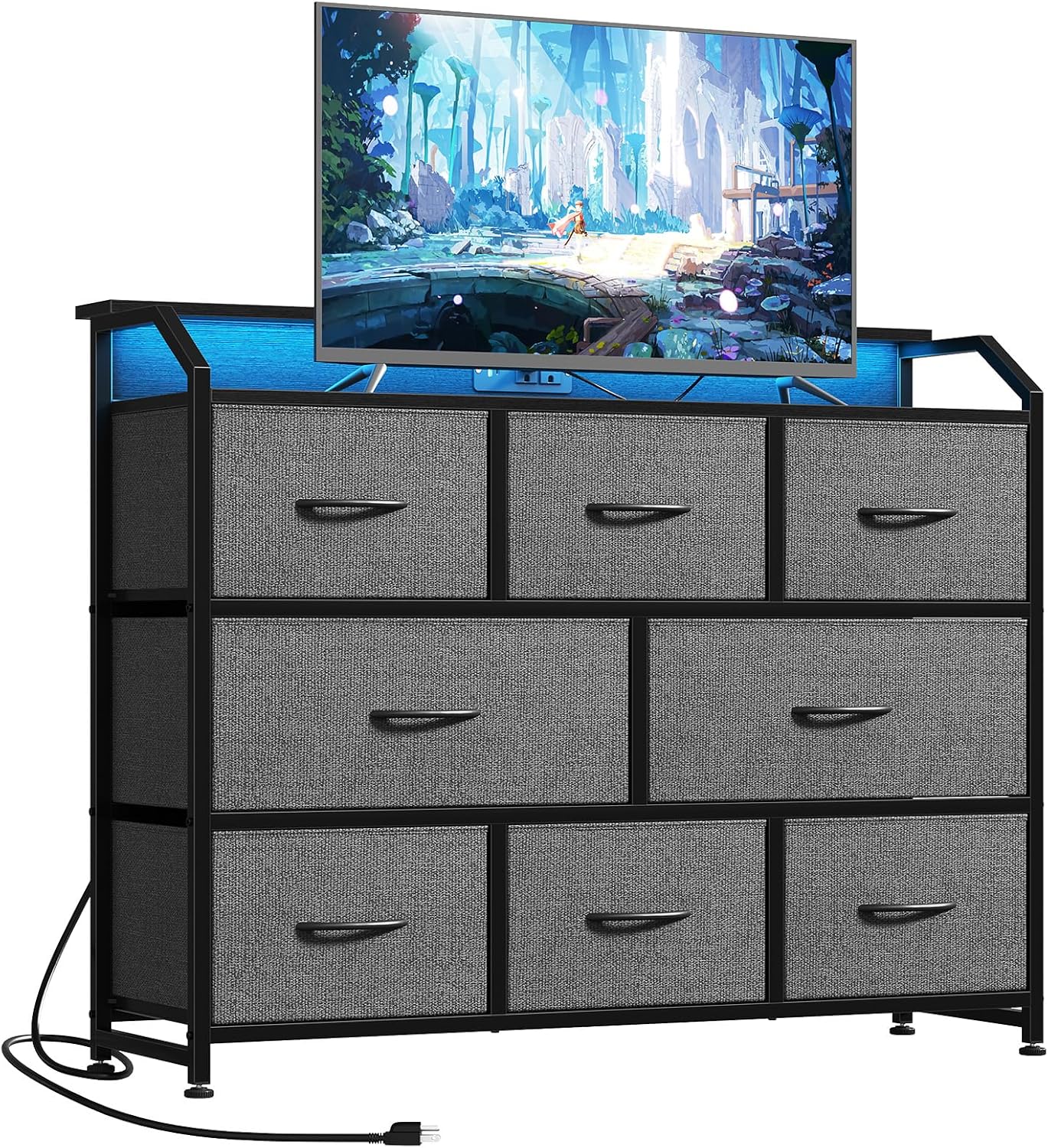 TV Stand Dresser with 9 Fabric Drawers and Open Shelves, Entertainment Center with LED Lights, Charging Station for Bedroom, Wood Top Media Console for 45-55 inch TV Stand with Storage, White