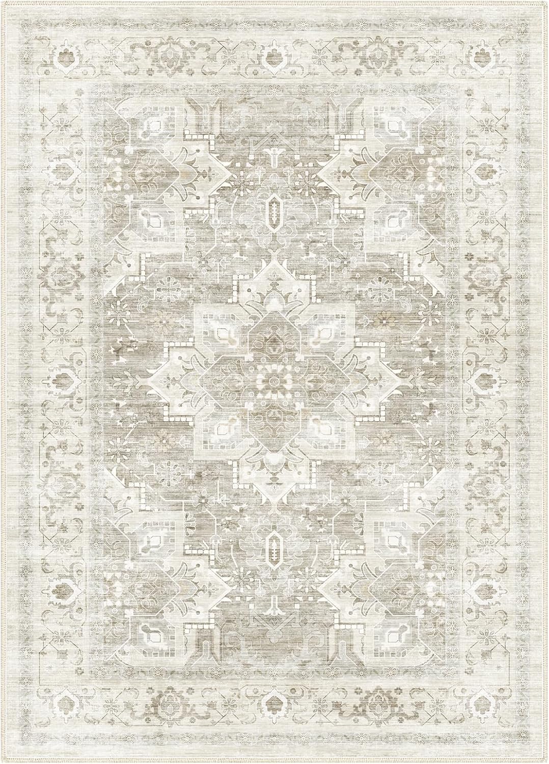 8x10 FT Large Area Rug for Living Room, Machine Washable Low-Pile Rug with Non-Slip Backing, Durable Edge Binding for Bedroom, Dining Room, Vintage Style, Beige
