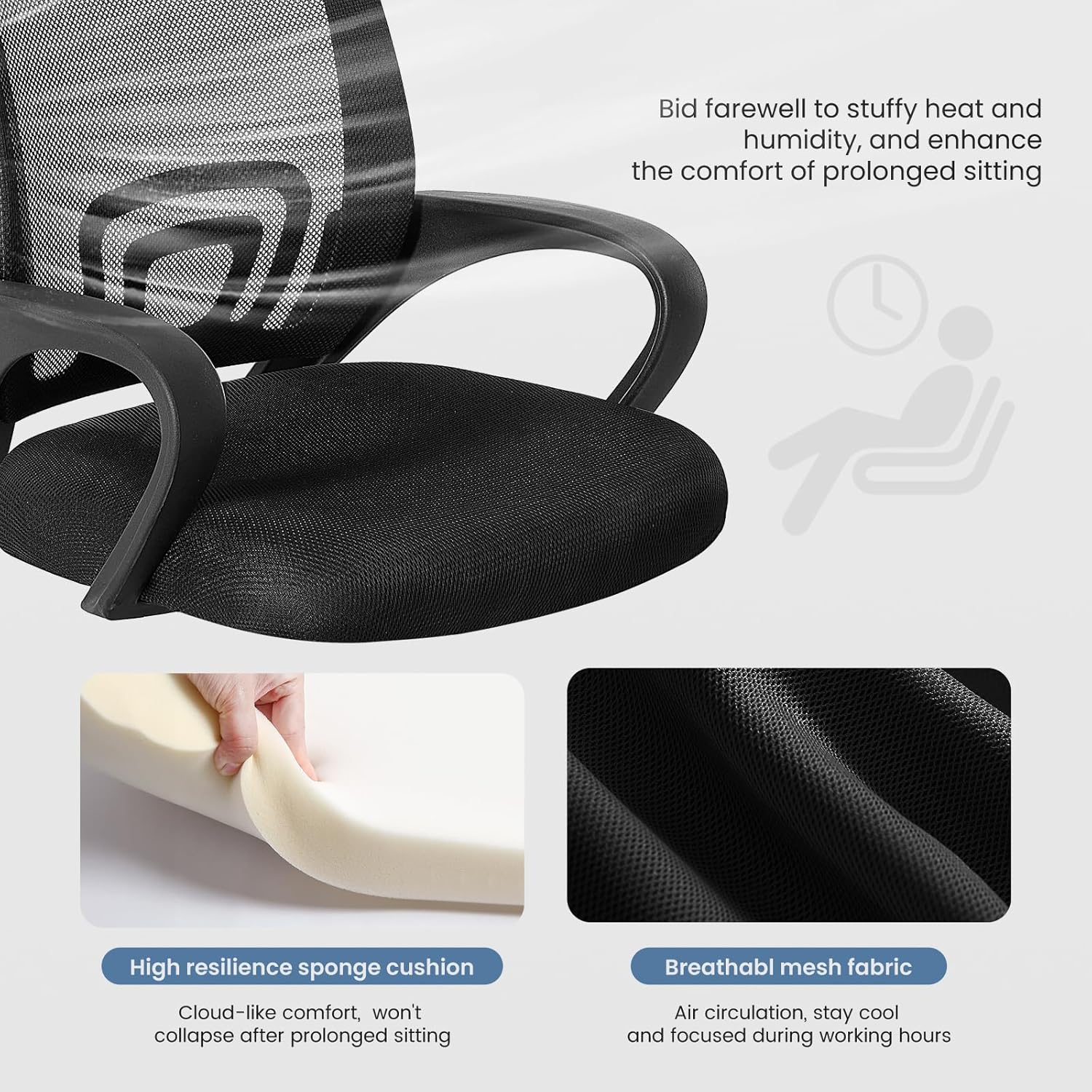 Office Desk Chair - Ergonomic Mid Back with Lumbar Support & Rocking Mode, Height Adjustable with Fixed Armrest, Storage Back for Computer, Gaming, Conference, Meeting, 360?? Swivel, Black