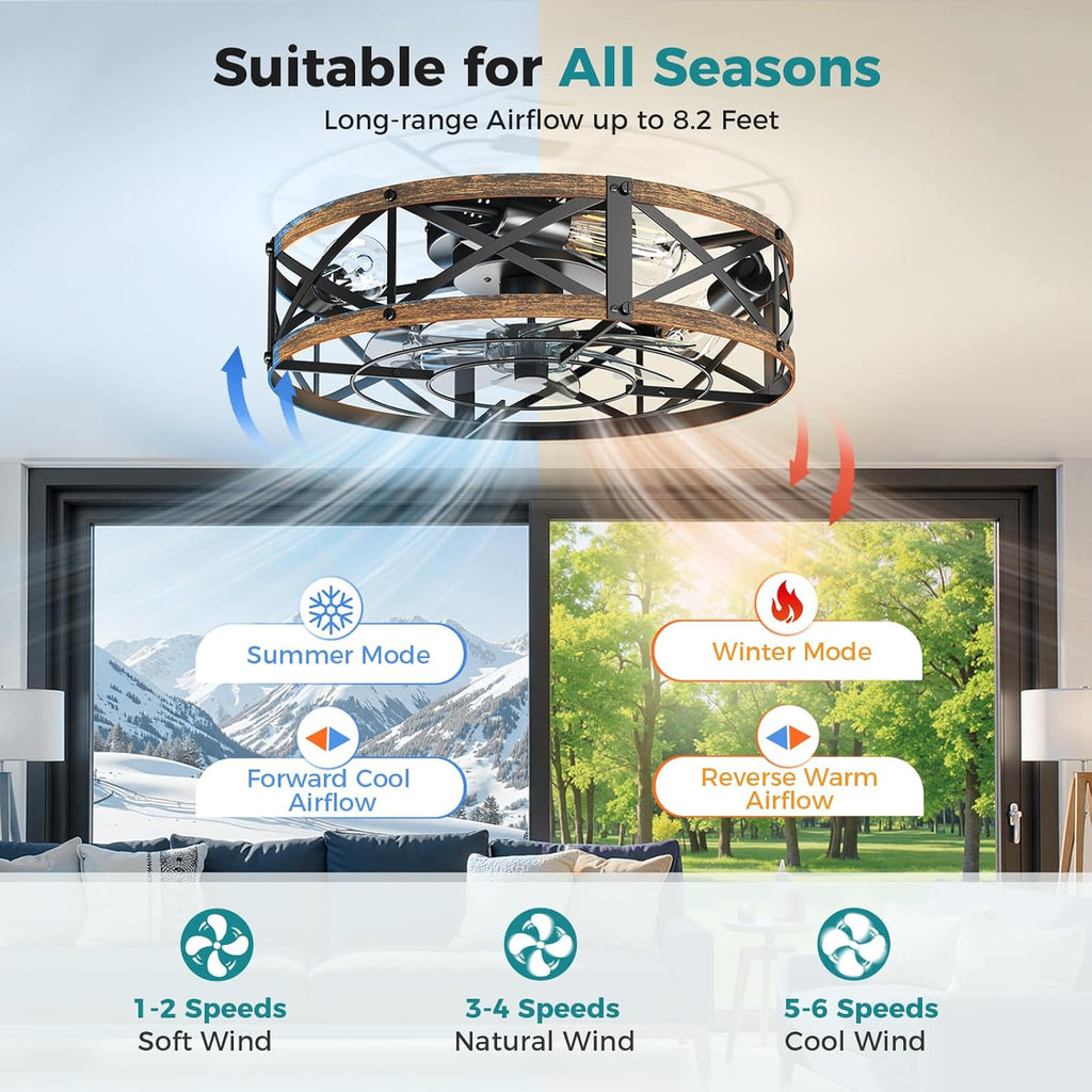 Ceiling Fans with Remote, Farmhouse Ceiling Fan, 22 Inch Low Profile Caged Fandelier, Flush Mount with 6 Wind Speeds, for Bedroom, Kitchen, Living Room, Bulbs Not Included, Gold