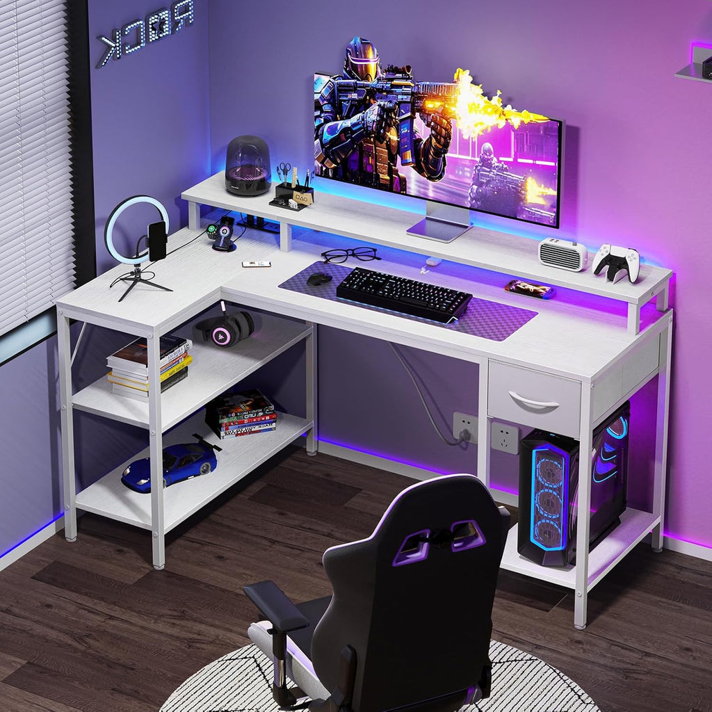 47?? Gaming Desk with USB Charging Ports & LED Lights, Reversible L Shaped Desks Computer Corner Gamer Table with Power Outlets Monitor Stand Storage Shelves for Home Office Small Space, White