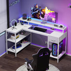 47?? Gaming Desk with USB Charging Ports & LED Lights, Reversible L Shaped Desks Computer Corner Gamer Table with Power Outlets Monitor Stand Storage Shelves for Home Office Small Space, White