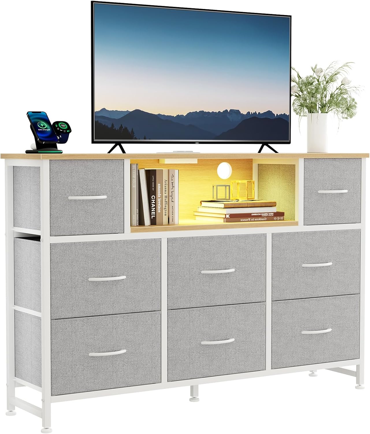 TV Stand for Up to 45 inch TV, Wood Top TV Media Console Table with 6 Fabric Drawers, 2 Shelves, Entertainment Center with LED Lights & Charging Station for Living Room, Hallway, Brown