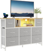 TV Stand Dresser with 8 Fabric Drawers & Open Shelves, TV Stand for Up to 45 inch TV with Wooden Top, Entertainment Center with Charging Station for Living Room, Hallway, White