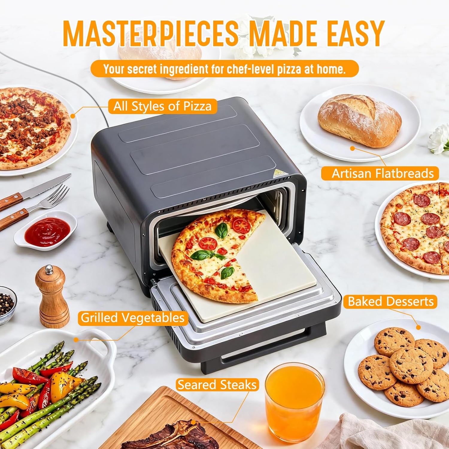 Pizza Oven Indoor, 1600W Electric Pizza Oven Fast Heating, 6 Presets Pizza Maker for 12 Inches, with Pizza Stone & Spatula, Upper-Bottom Independent Heating Temperature Control