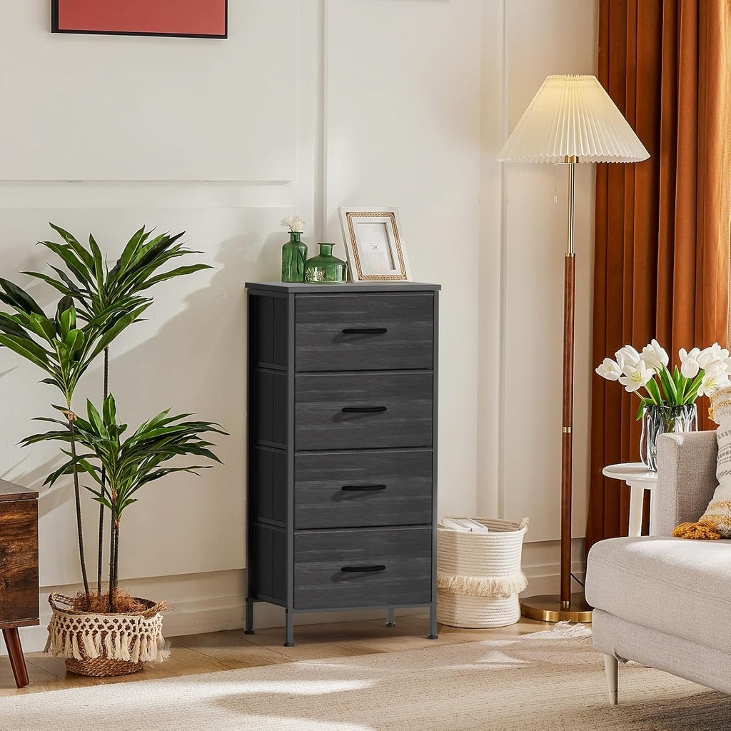 Nightstand with 4 Drawers Bedside Table with Removable Fabric Bins Sturdy Steel Frame Wood Top Organizer Furniture for Bedroom Closet Living Room,Black Wood Grain