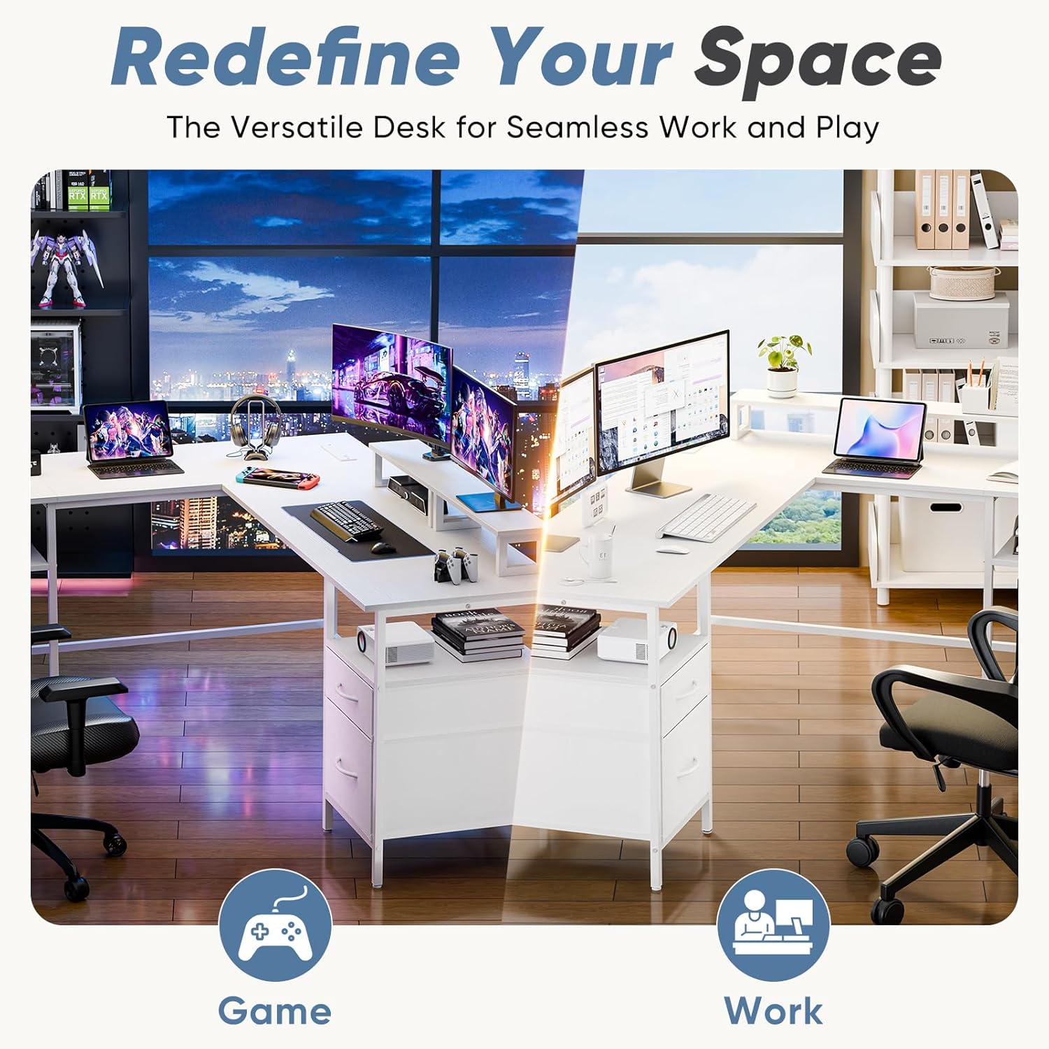 62 Inch L Shaped Gaming Desk with Charging Station & 2 Monitor Stands, Computer Desk with Drawer & Adjustable Storage Shelves, Large Corner Desk for Home Office, White