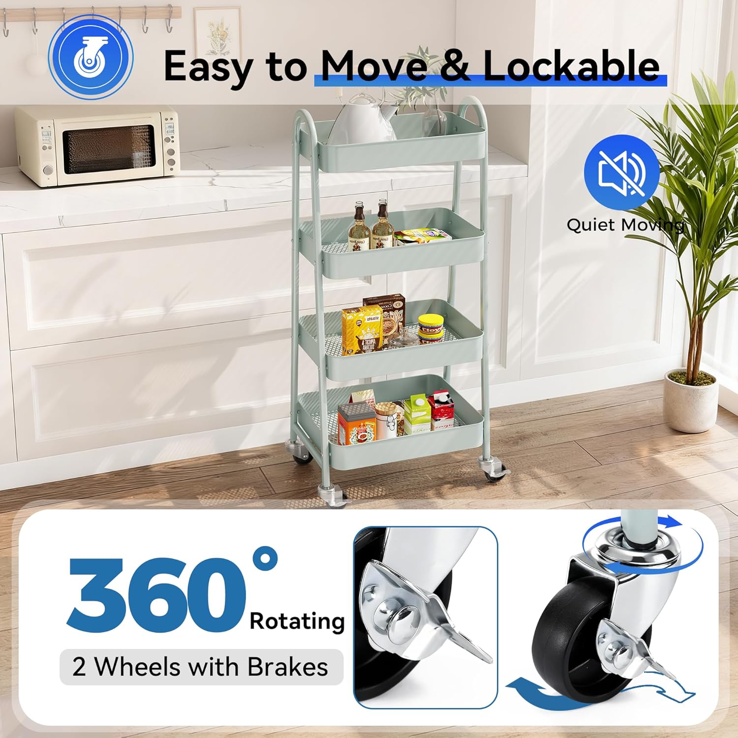 4-Tier Metal Rolling Cart with Lockable Wheels - Mobile Storage Organizer, Utility Shelving Unit for Kitchen, Office, Bathroom, Laundry, Narrow Places, Green