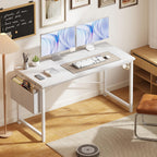 Computer Desk 55 Inch Home Office Desks for Small Spaces, Gaming Writing Study Work Table with Storage Bag and Headphone Hook for Bedroom, White