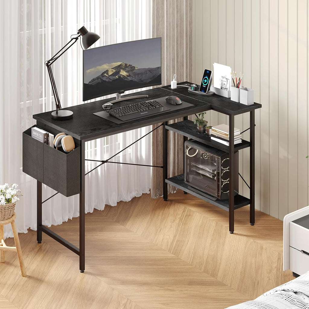Corner Gaming Desk,39 L Shaped Computer Desk with 3AC+2USB+1Type-C Power Strip, Storage Shelves & Side Hanging Fabric Organizer, Black Gaming Workstation for Home Office and Bedroom