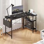 Corner Gaming Desk,39 L Shaped Computer Desk with 3AC+2USB+1Type-C Power Strip, Storage Shelves & Side Hanging Fabric Organizer, Black Gaming Workstation for Home Office and Bedroom