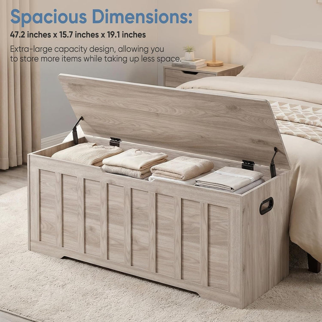 47.2 Extra Large Storage Bench with 2 Safety Gel-Buffered Hinges, Blanket Chest for Bedroom Living Room, Support 150lbs, 2 U-Shaped Cut-Out Pull, Non-Slip Base, Rustic Wood