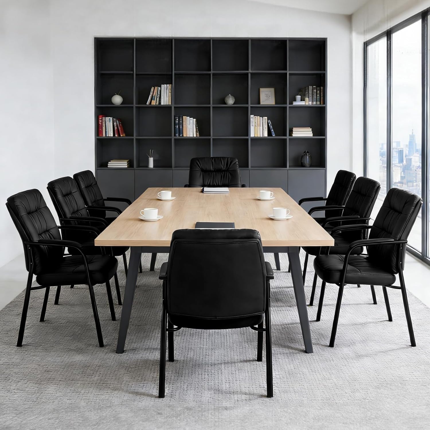 Waiting Room Guest Chair Set of 6, Leather Ergonomic Office Desk Reception Chair No Wheels with Padded Armrest for Conference Lobby Medical Waiting Area Bedroom, Black
