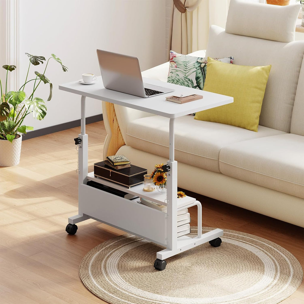 31.5 Manual Standing Desk, Height Adjustable Mobile Computer Desk with Lockable Wheels & 2-Tier Storage, Rolling Laptop Table for Small Spaces & Home Office, White