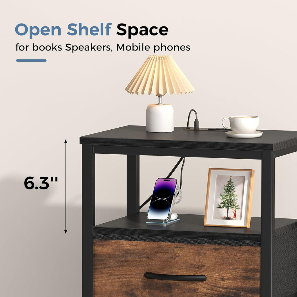 Nightstand with Charging Station, Bedside Tables with USB Ports and Fabric Drawer, Small Night Stand with Open Adjustable Shelf, Compact End Table for Bedroom, Black & Rust