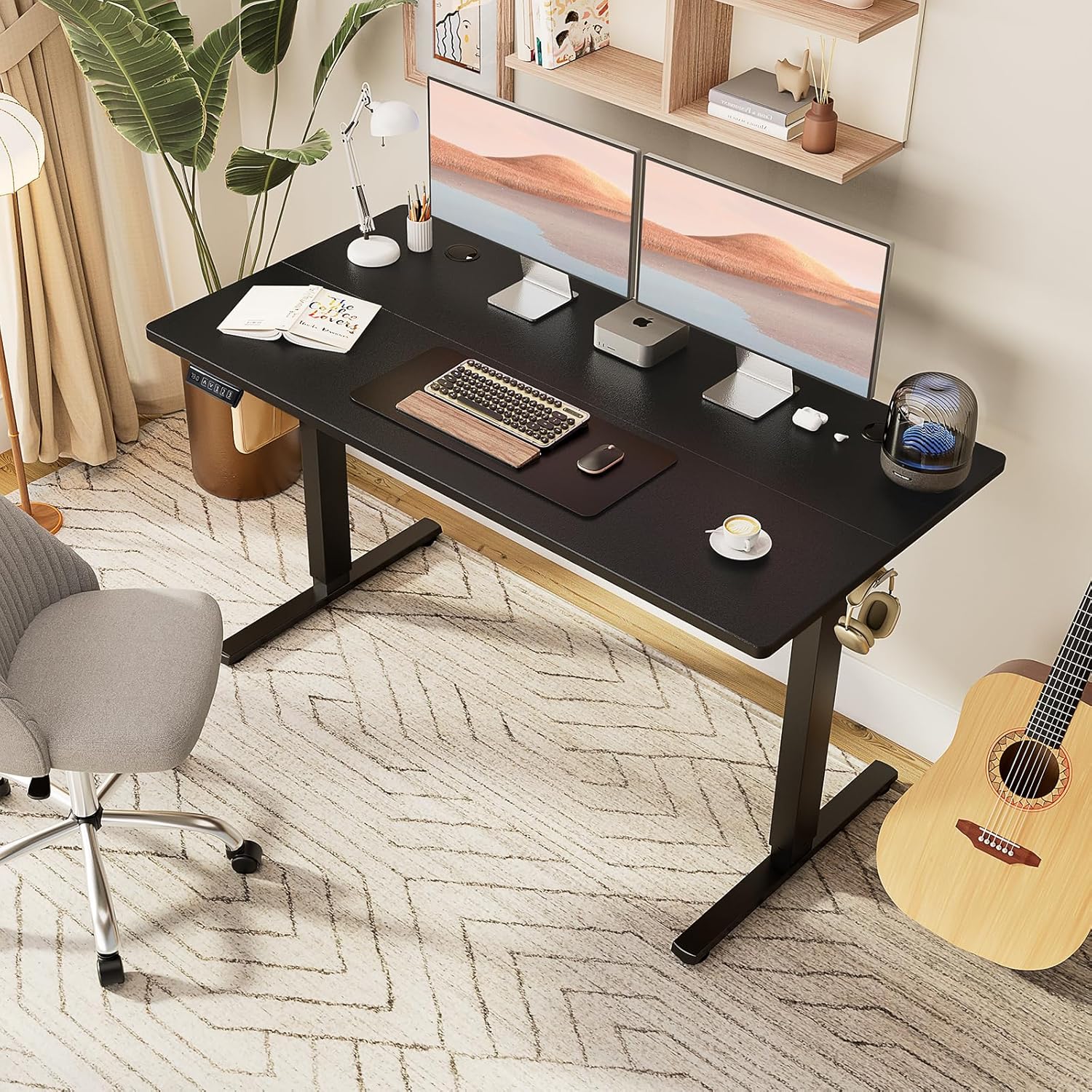 Electric Standing Desk Adjustable Height, 55x24 Inch Sit Stand Up Home Office Desks Memory Computer Workstation PC Work Table with Preset Splice Wood Board Metal Frame, Black
