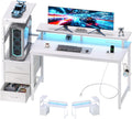 L Shaped Gaming Desk with Shelves Storage Drawers 52'', White Computer Desks with LED Lights Power Outlets, Office Wood Table with PC Stand Cable Management for Bedroom Dual Monitor Streaming