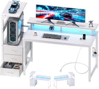 L Shaped Gaming Desk with Shelves Storage Drawers 52'', White Computer Desks with LED Lights Power Outlets, Office Wood Table with PC Stand Cable Management for Bedroom Dual Monitor Streaming