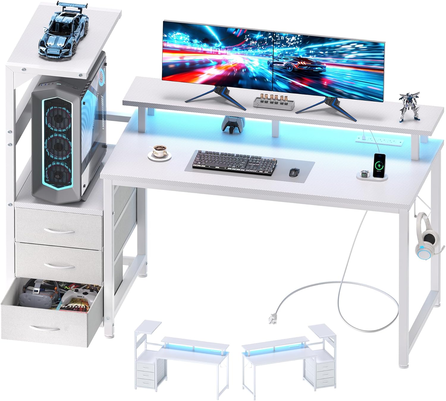 L Shaped Gaming Desk with Shelves Storage Drawers 52'', White Computer Desks with LED Lights Power Outlets, Office Wood Table with PC Stand Cable Management for Bedroom Dual Monitor Streaming