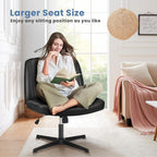 Criss Cross Legged Chair Wide Comfy Home Office Desk Seat, No Wheels Armless Computer Task Seating, Swivel Vanity Chair Height Adjustable for Makeup Bedroom, Leather Black