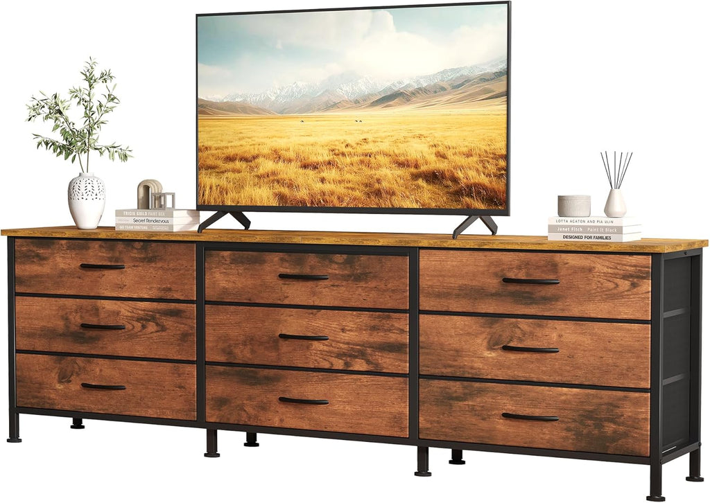 TV Stands for Living Room Furniture with 9 Fabric Drawers, Long Entertainment Center Up to 75 Inch TV, Media Console Table with Storage for Bedroom, Adjustable Feet, Grey.