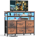 TV Stand for Up to 45 inch TV, Wood Top TV Media Console Table with 6 Fabric Drawers, 2 Shelves, Entertainment Center with LED Lights & Charging Station for Living Room, Hallway, Brown