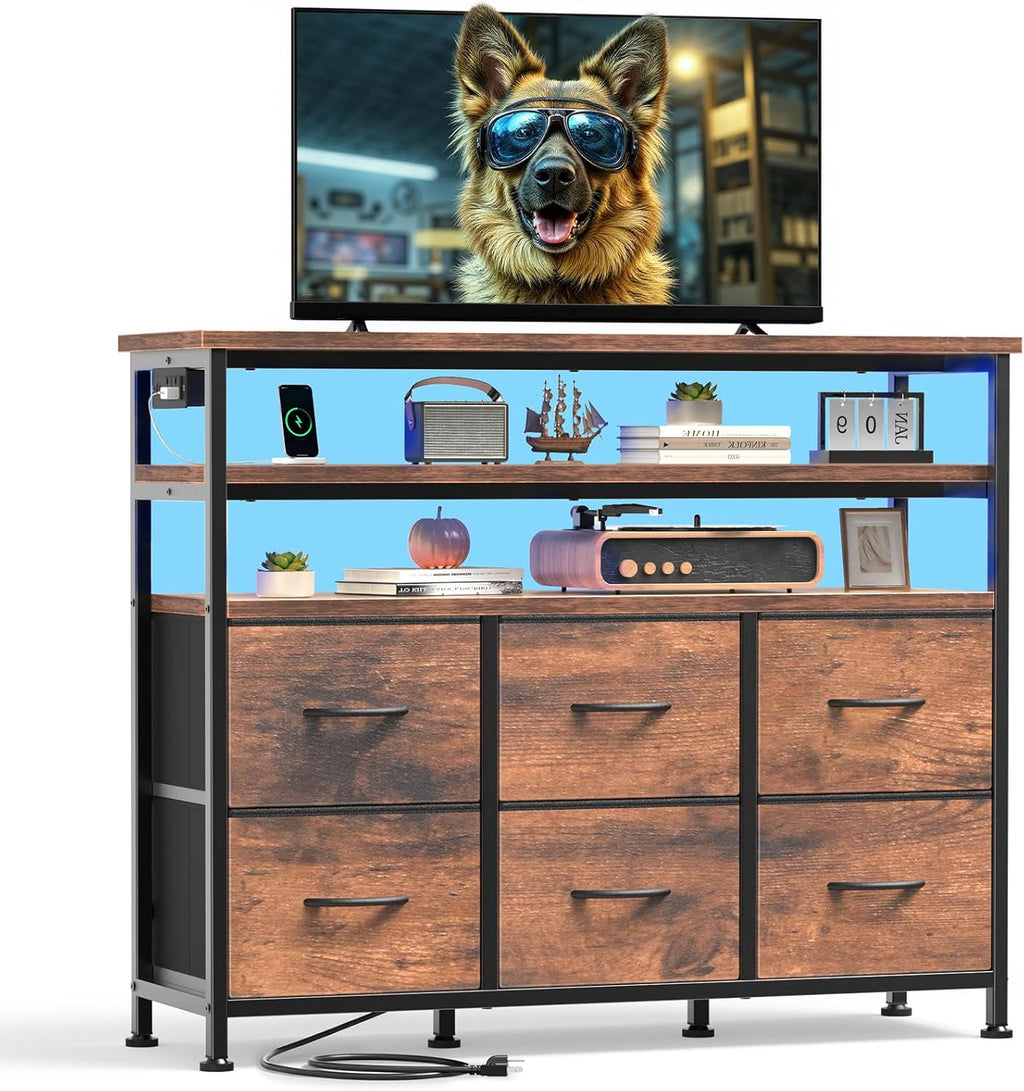 TV Stand Dresser with 8 Fabric Drawers and Open Shelves, LED Entertainment Center with Charging Station, Wood Top Media Console for 45-55 inch, Bedroom, Greige Oak