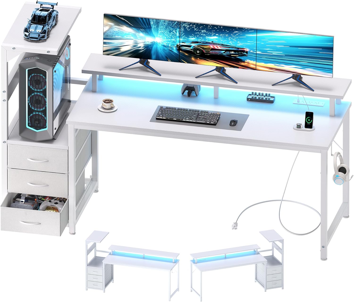 L Shaped Gaming Desk with Shelves Storage Drawers 52'', White Computer Desks with LED Lights Power Outlets, Office Wood Table with PC Stand Cable Management for Bedroom Dual Monitor Streaming