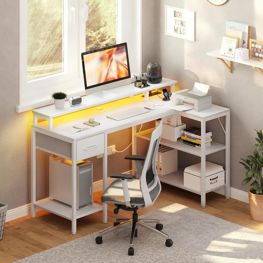 47?? Gaming Desk with USB Charging Ports & LED Lights, Reversible L Shaped Desks Computer Corner Gamer Table with Power Outlets Monitor Stand Storage Shelves for Home Office Small Space, White
