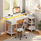 47?? Gaming Desk with USB Charging Ports & LED Lights, Reversible L Shaped Desks Computer Corner Gamer Table with Power Outlets Monitor Stand Storage Shelves for Home Office Small Space, White