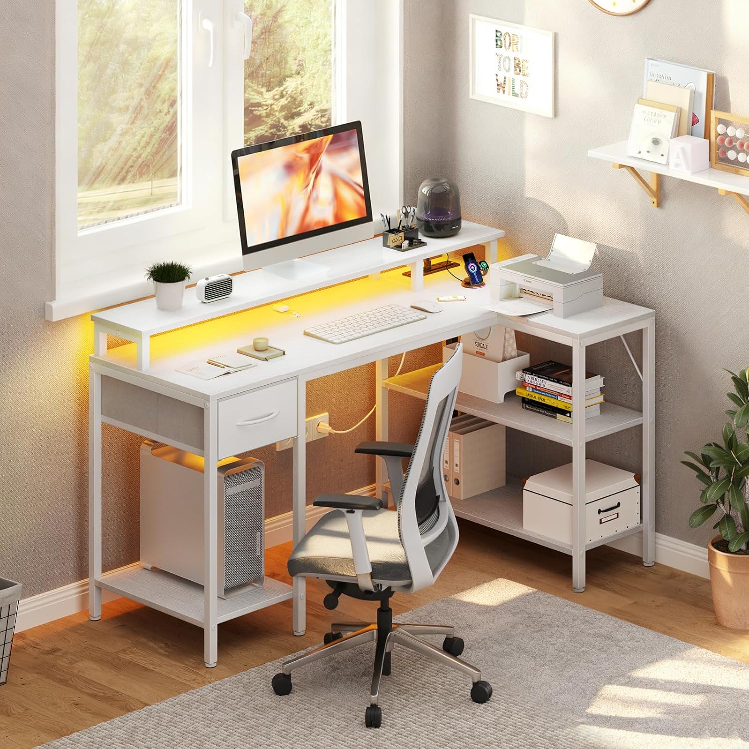 47?? Gaming Desk with USB Charging Ports & LED Lights, Reversible L Shaped Desks Computer Corner Gamer Table with Power Outlets Monitor Stand Storage Shelves for Home Office Small Space, White
