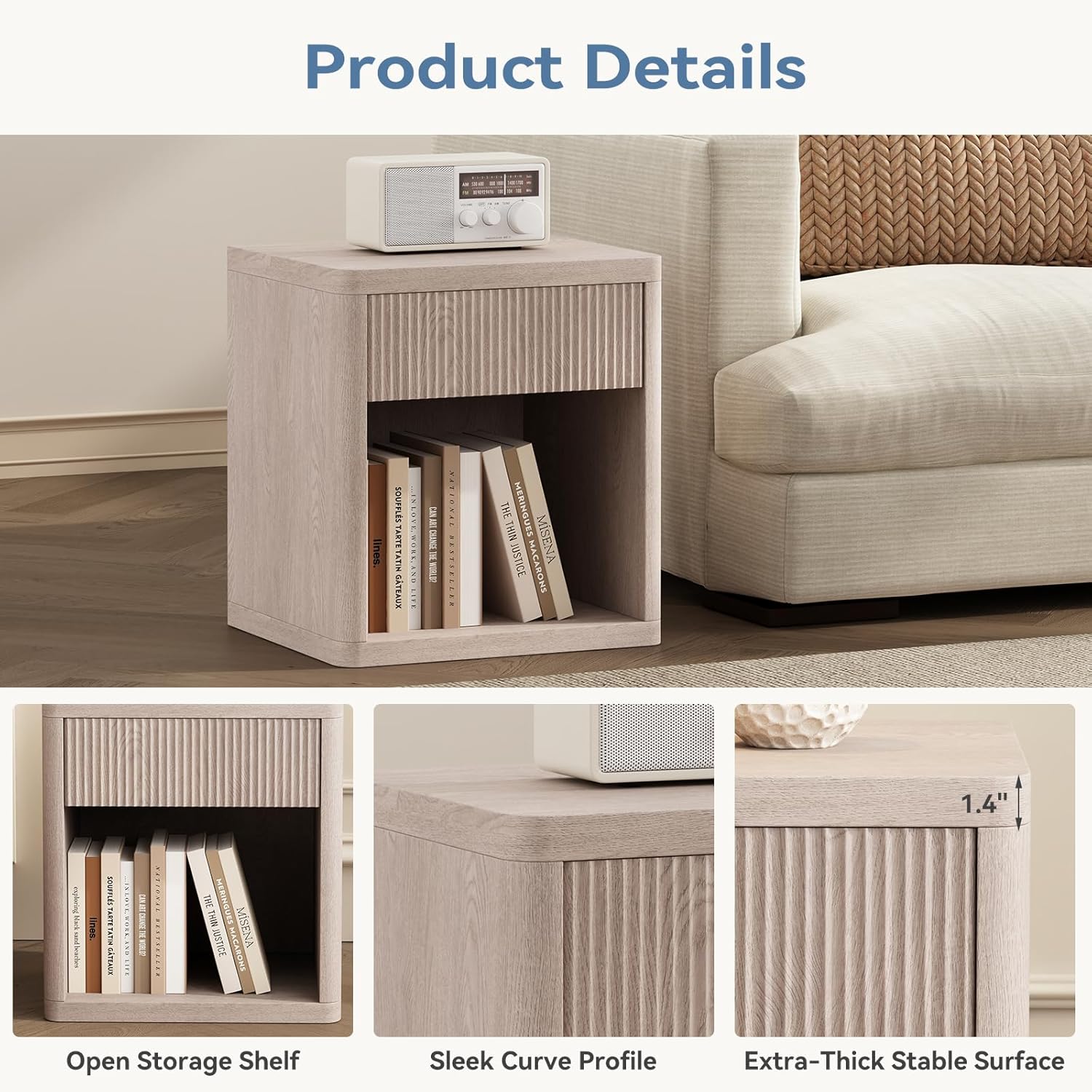 22.7 Modern Night Stand with Drawer and Open Shelf, Mid Century Bedside Table for Bedroom, Wood End Table with Fluted Front, Sturdy Compact Sofa Side Table, White Oak