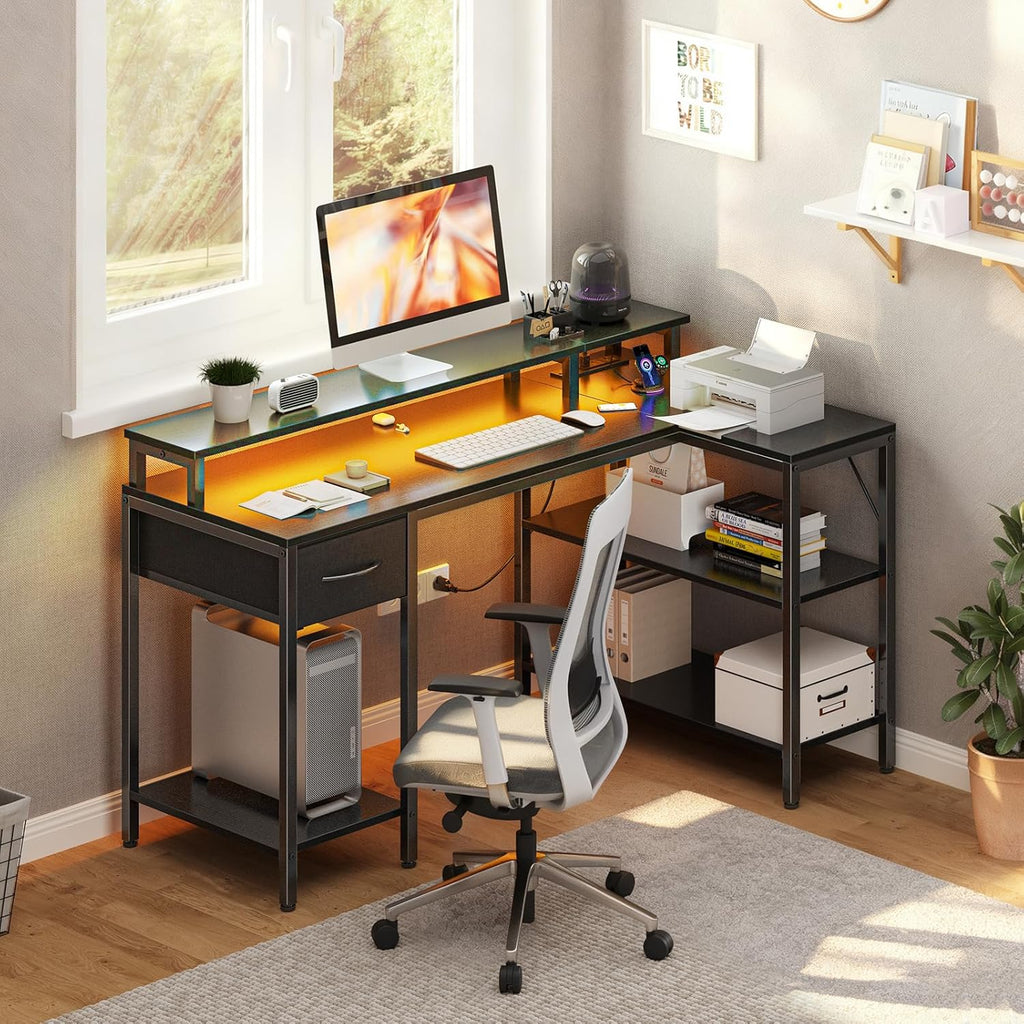 47?? Gaming Desk with USB Charging Ports & LED Lights, Reversible L Shaped Desks Computer Corner Gamer Table with Power Outlets Monitor Stand Storage Shelves for Home Office Small Space, Black