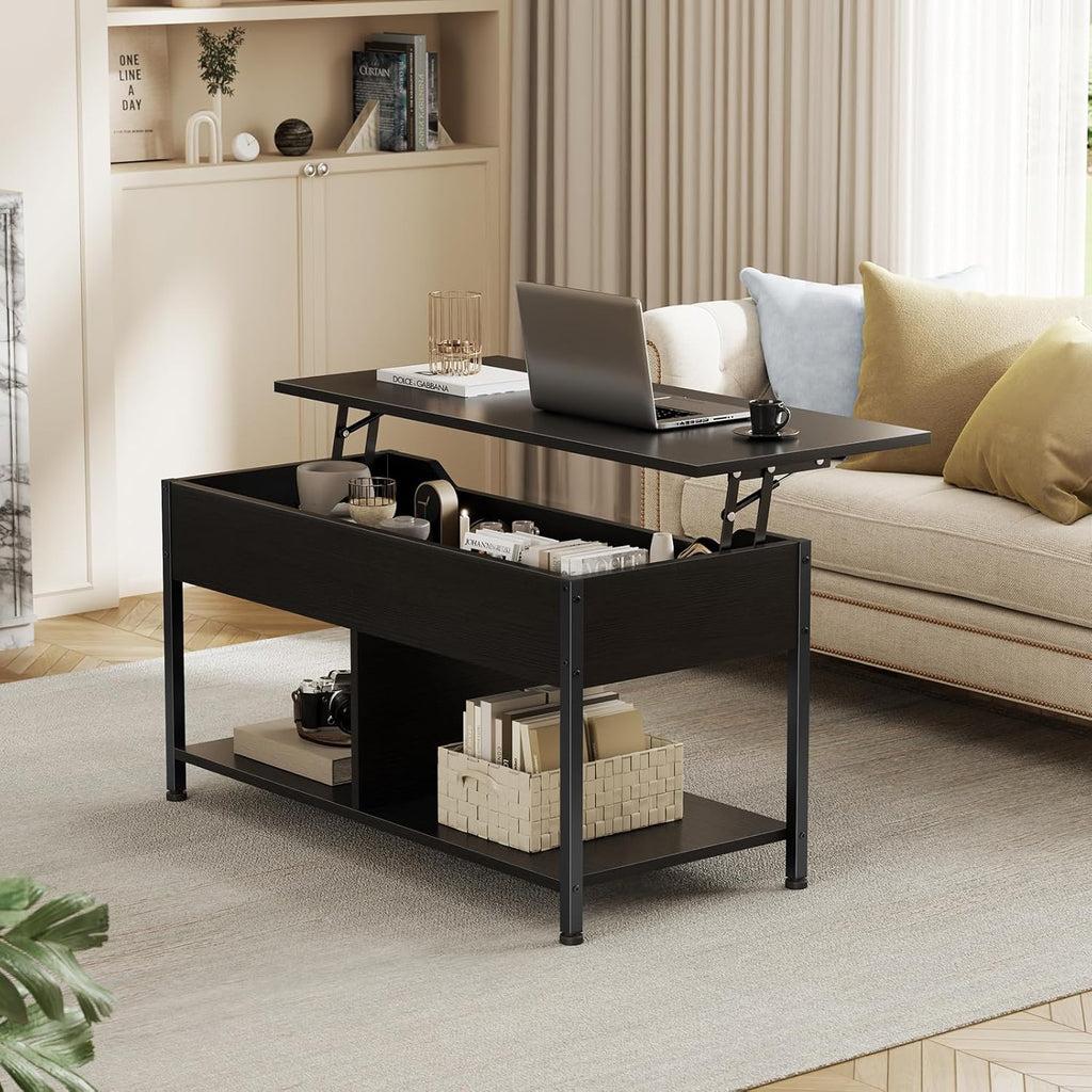 Lift Top Coffee Table with Storage 39 Center Table with Hidden Compartment & 2 Shelves Farmhouse, Wood Coffee Table for Living Room with Sturdy Lift-Top Adjustable Feet Rust Dark