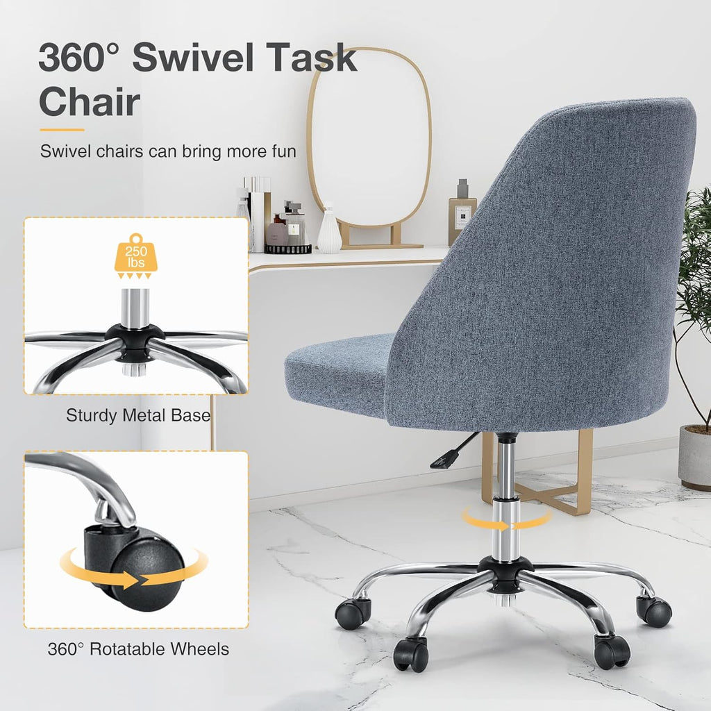 Armless Vanity Chair, Cute Comfy Home Office Desk Chair with Wheels, Modern Upholstered Task Computer Seat for Bedroom, Study, Makeup Vanity, Height Adjustable & Swivel, Blue