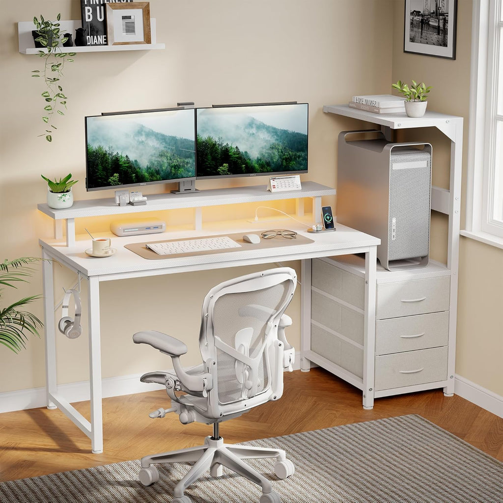 L Shaped Gaming Desk with Shelves Storage Drawers 52'', White Computer Desks with LED Lights Power Outlets, Office Wood Table with PC Stand Cable Management for Bedroom Dual Monitor Streaming