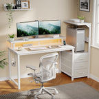 L Shaped Gaming Desk with Shelves Storage Drawers 52'', White Computer Desks with LED Lights Power Outlets, Office Wood Table with PC Stand Cable Management for Bedroom Dual Monitor Streaming