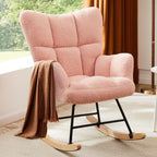 Nursery Rocking Chair Teddy Upholstered, Comfy Glider Rocker with High Backrest Armchair Padded Seat, Accent Side Chair for Living Room Bedroom Offices Small Spaces Indoor, Pink