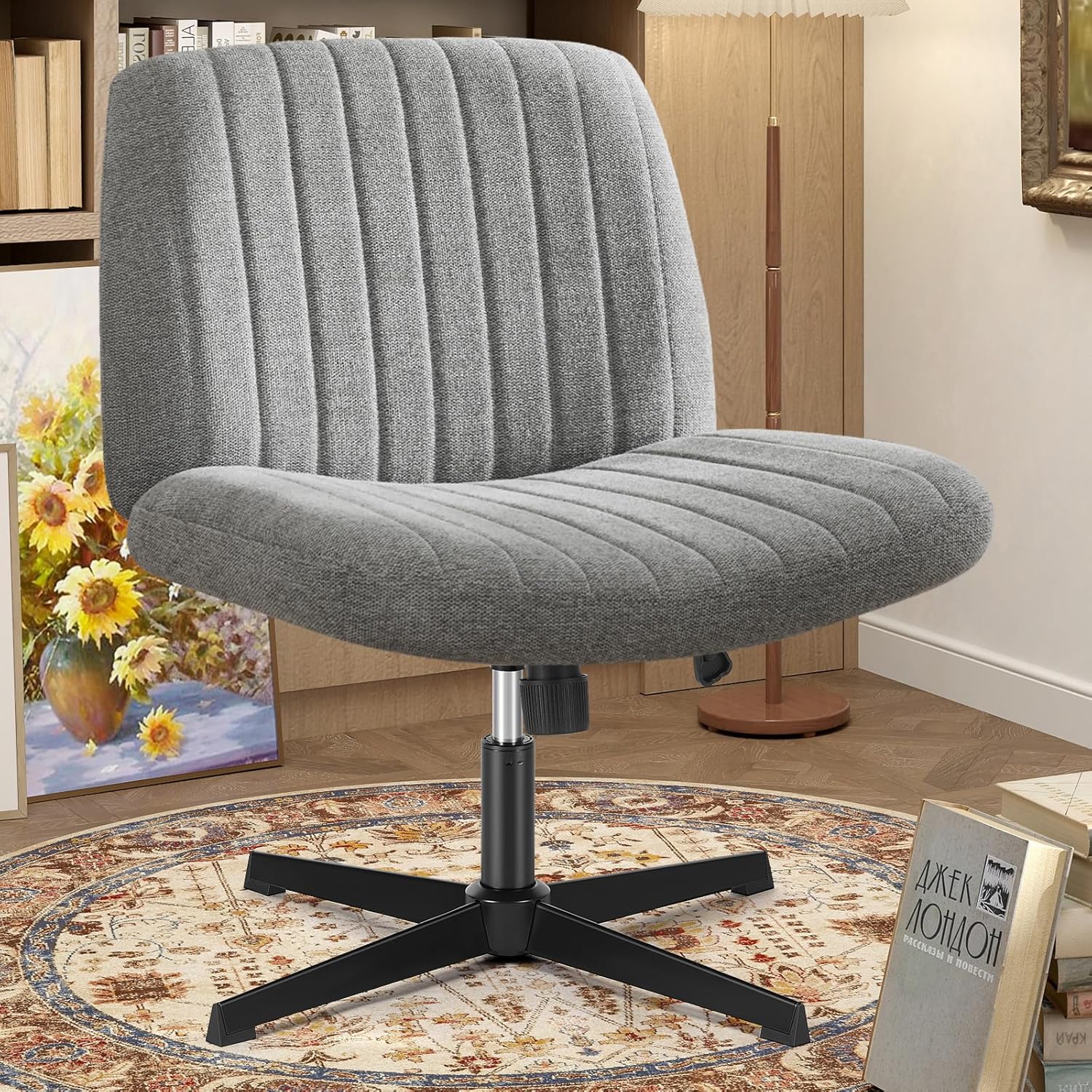 Criss Cross Chair with Wheels Wide Cross Legged Office Desk Vanity Chair Comfy Fabric Armless Adjustable Swivel for Home Computer Task PU Black