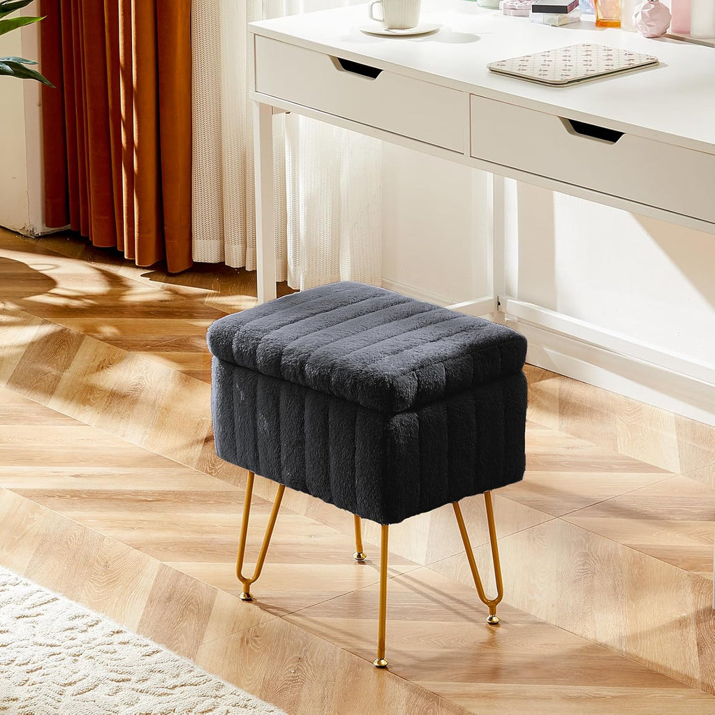 Vanity Stool Chair, Ottoman with Storage, Makeup Cute Soft Small Footstool, Modern Style Faux Fur Seat with 4 Metal Legs & Adjustable Feet for Dressing, Living Room, Bedroom, Dorm, Black