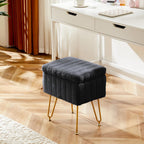 Vanity Stool Chair, Ottoman with Storage, Makeup Cute Soft Small Footstool, Modern Style Faux Fur Seat with 4 Metal Legs & Adjustable Feet for Dressing, Living Room, Bedroom, Dorm, Black