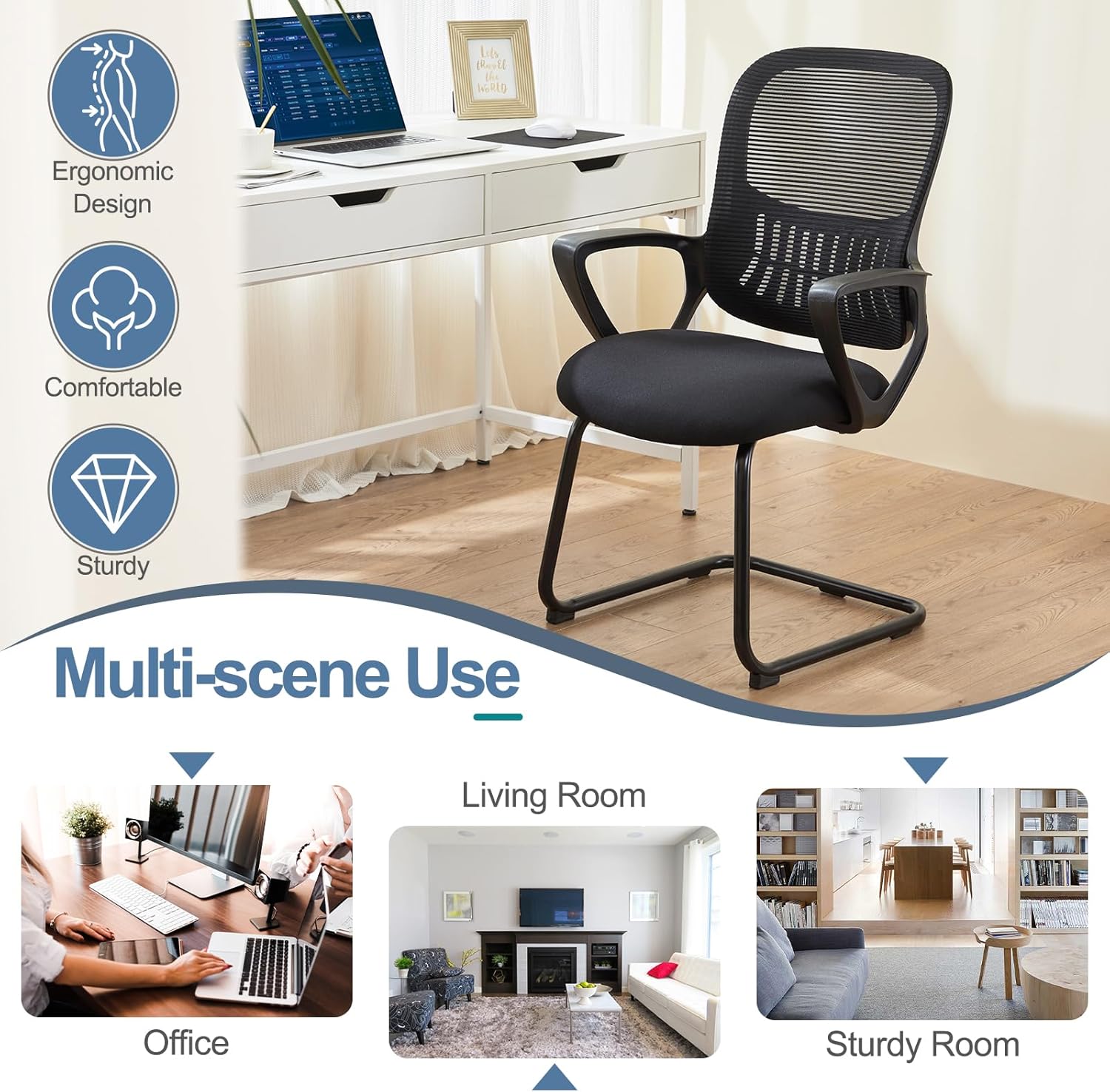 Office Desk Chair with Sled Base, Ergonomic Executive Mesh Computer Chairs with Lumbar Support for Home Conference Room Bedroom Waiting Reception Guest Student